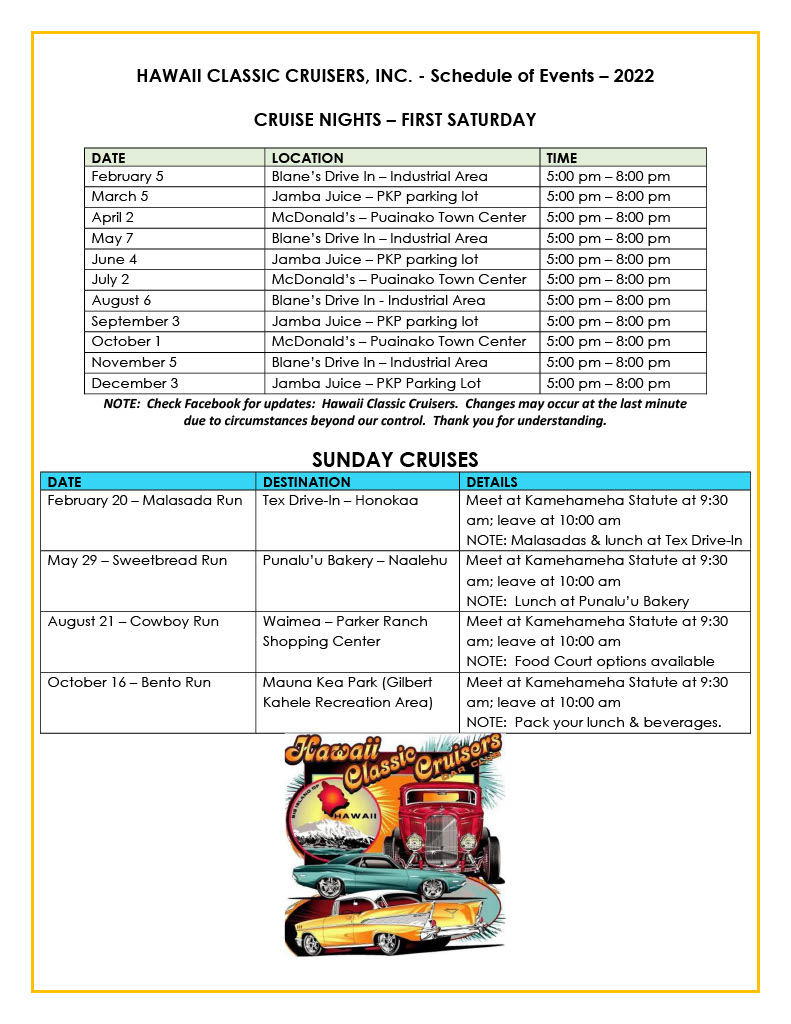 HCC Schedule of Events 2022 Hawaii Classic Cruizers, Inc.